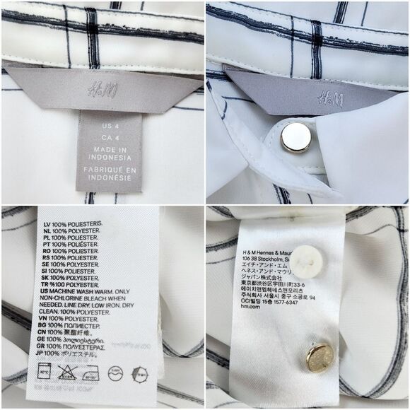 ☔️🩵H&M Ivory & Gray Windowpane Buttoned Front Long Sleeve Top Size 4 - Picture 12 of 12